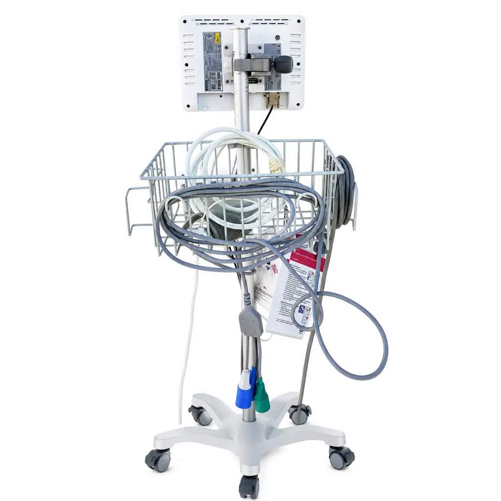 White medical cart with monitor and wire basket holding cables and connectors for edwards lifesciences ev1000 clinical platform
