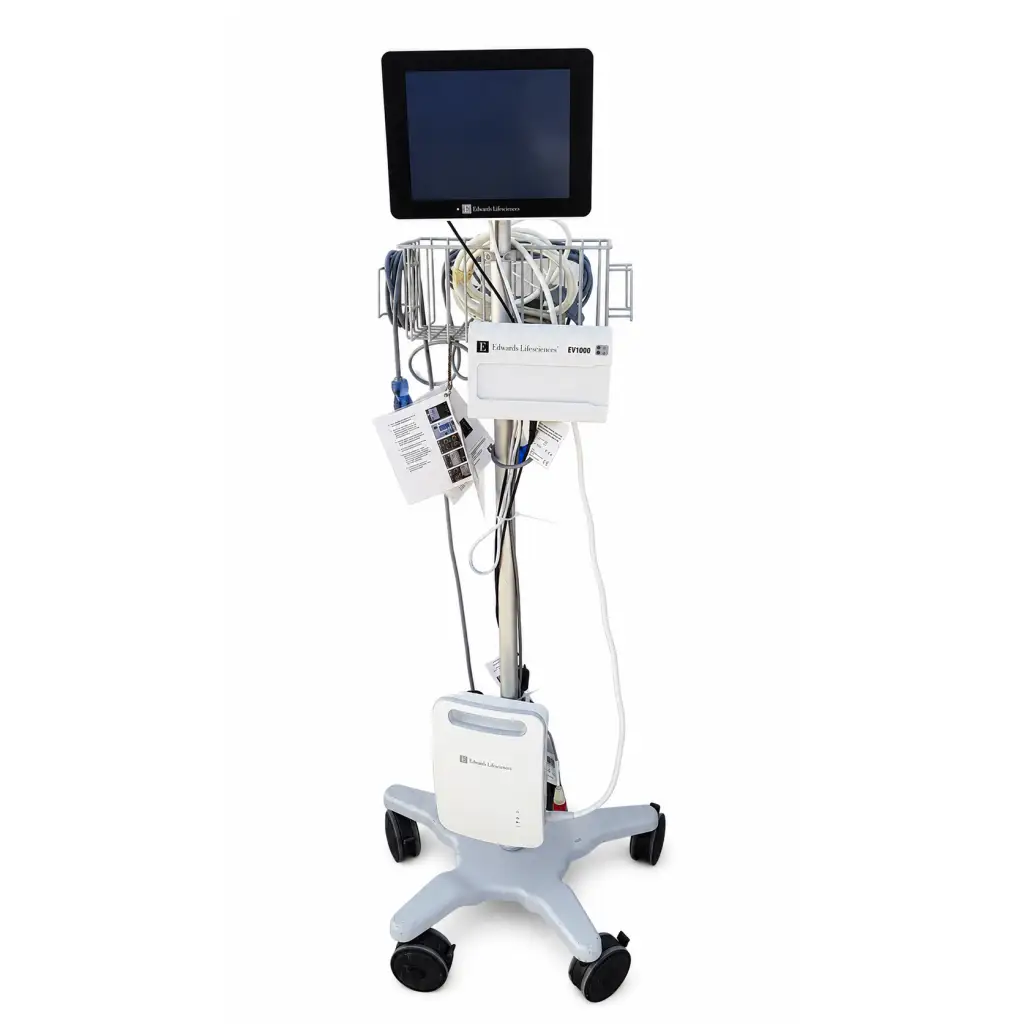 White and gray mobile medical monitor cart with touchscreen labeled edwards lifesciences ev1000 clinical platform