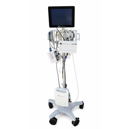 White and gray mobile medical monitor cart with touchscreen labeled edwards lifesciences ev1000 clinical platform