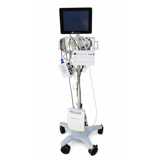 White and gray mobile medical monitor cart with touchscreen labeled edwards lifesciences ev1000 clinical platform