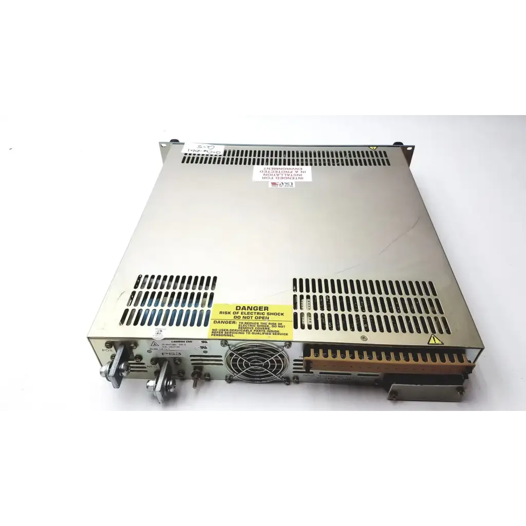Silver metallic industrial ems power supply with ventilation grilles and warning labels for electronic measurements ems
