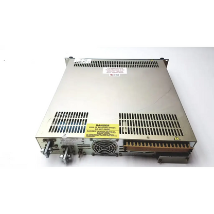 Silver metallic industrial ems power supply with ventilation grilles and warning labels for electronic measurements ems