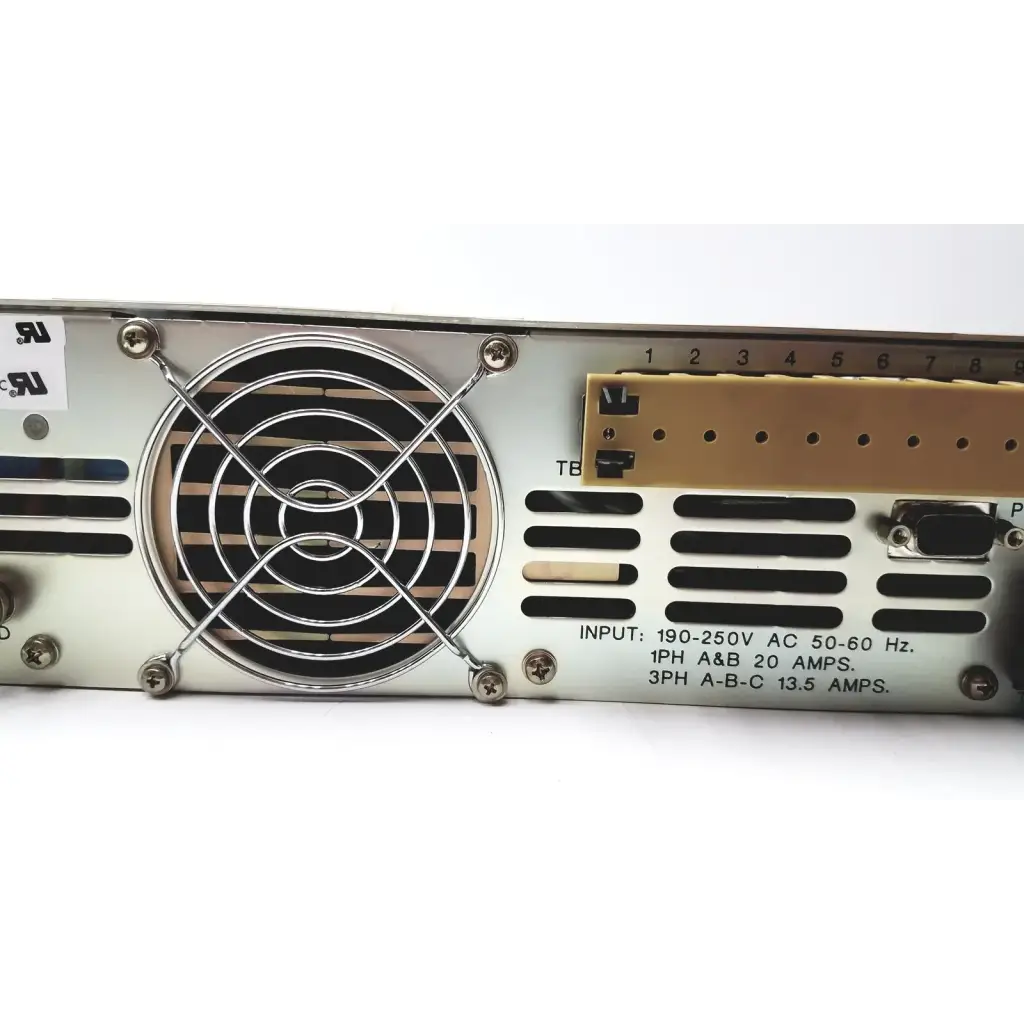 Silver metal ems power supply unit with circular fan grille and labeled input specifications for electronic measurements ems