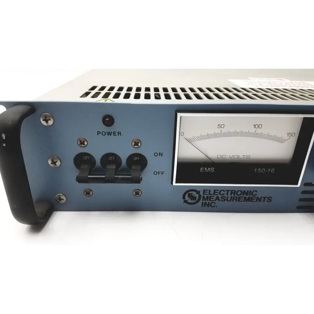 Blue metallic electronic measurements EMS power supply with analog DC volts meter and three toggle switches untested