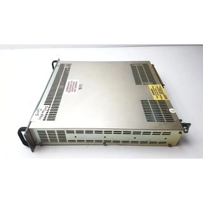 Silver metallic electronic measurements ems power supply with ventilation grilles and warning labels showing the back side