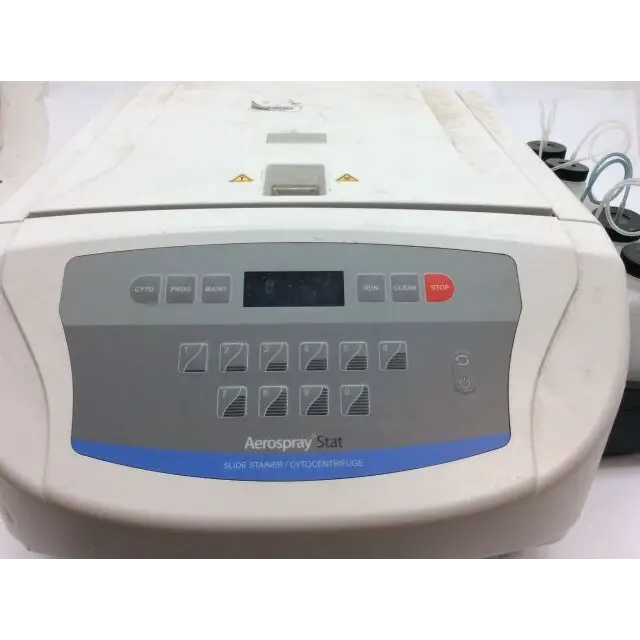 Elitech Aerospray stat slidestainer cytocentrifuge model 7121 with gray control panel white casing and red stop button