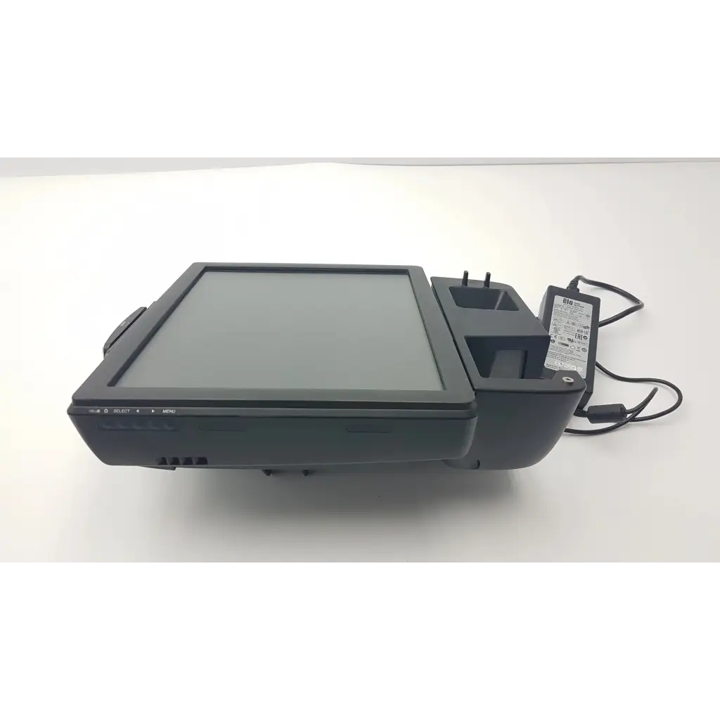 Black touchscreen cash register with integrated receipt printer and power adapter in elo touch systems esy17b2 monitor