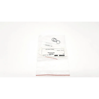 A clear plastic bag of the ems eq-084 practical seal set with three black o-rings and a thin red wire