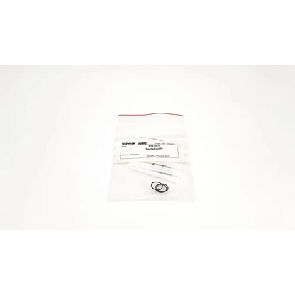 Black rubber o-rings and clear plastic parts in transparent packaging labeled ems eq-051 backet joints for practical seal set