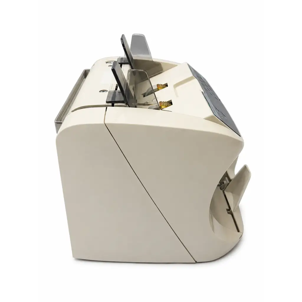 Cream-colored sleek plastic dual battery charger with metallic accents and digital display energic 695-box biomed certified