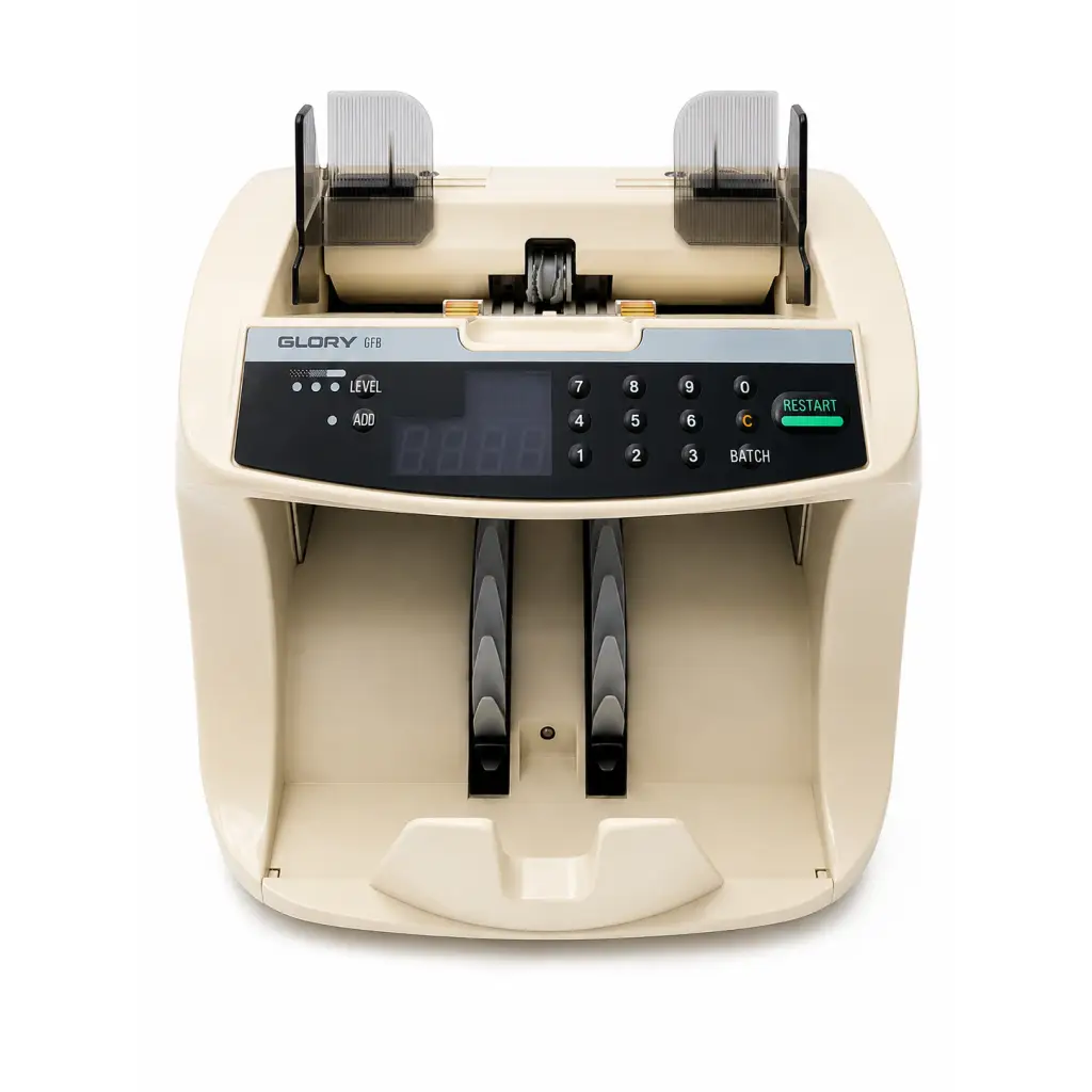 Beige plastic glory g73 currency counter with black control panel and digital display shown with energic 695-box dual battery charger