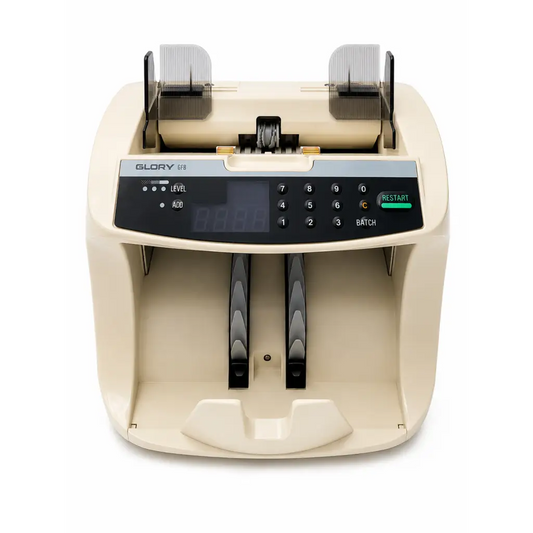 Beige plastic glory g73 currency counter with black control panel and digital display shown with energic 695-box dual battery charger