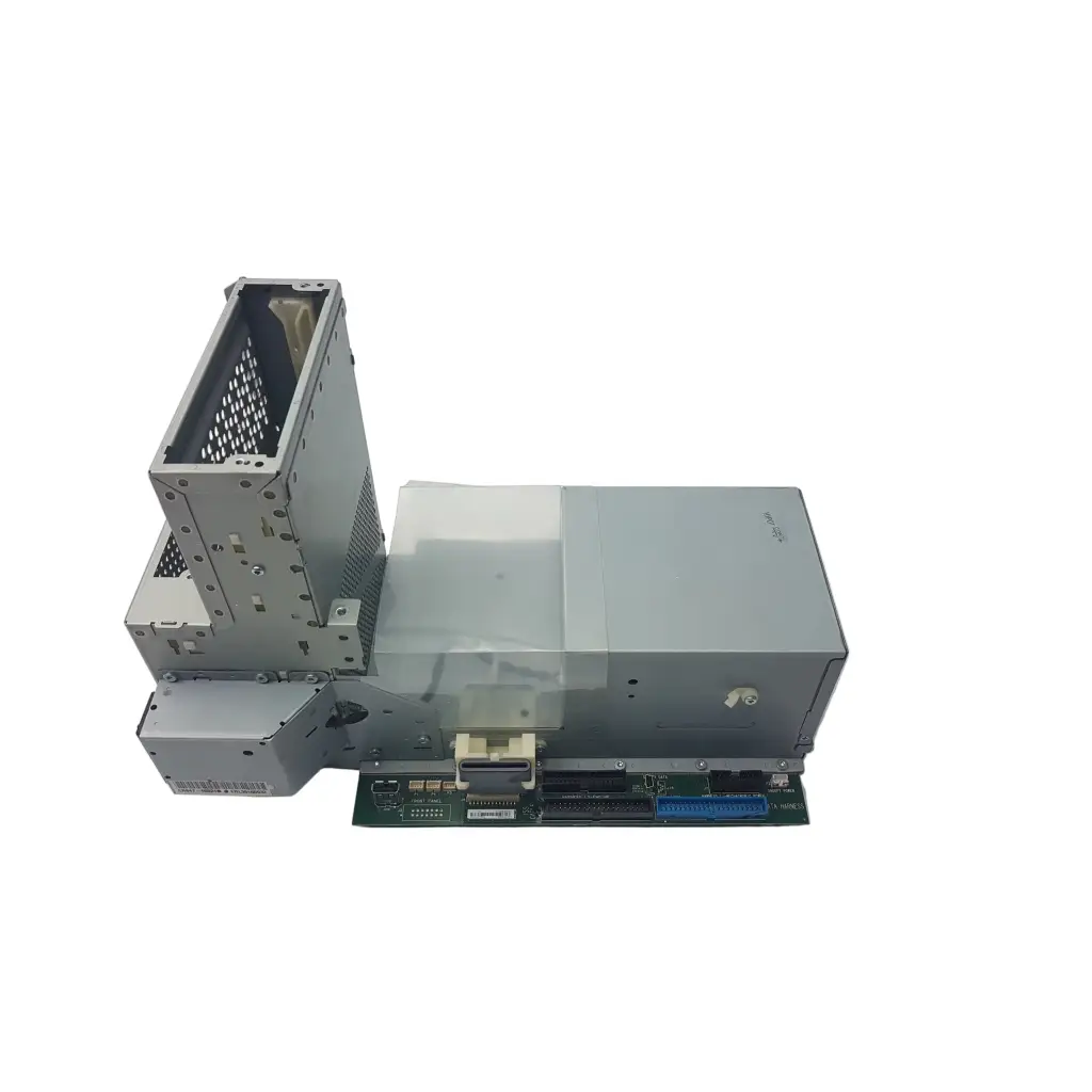 Gray metallic engine pca electronics module with perforated panels and visible circuit board power supply unit back side