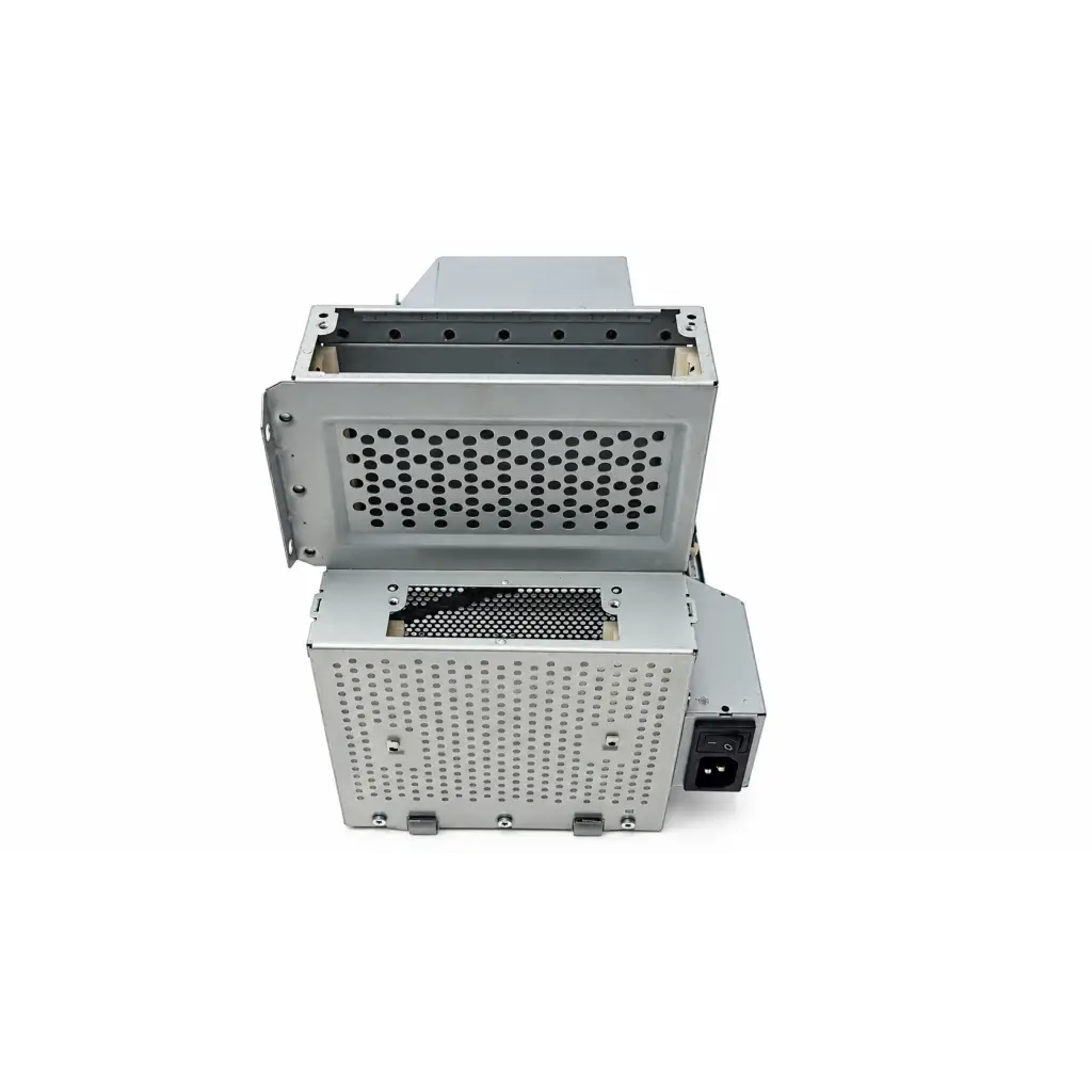 Silver metallic engine pca power supply electronics module with perforated panels and black power supply unit port