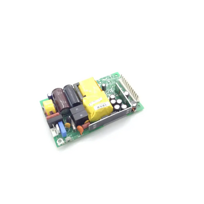 Green printed circuit board of eos vlt80-1001 power supply vlt801001 with yellow capacitors and metal bracket