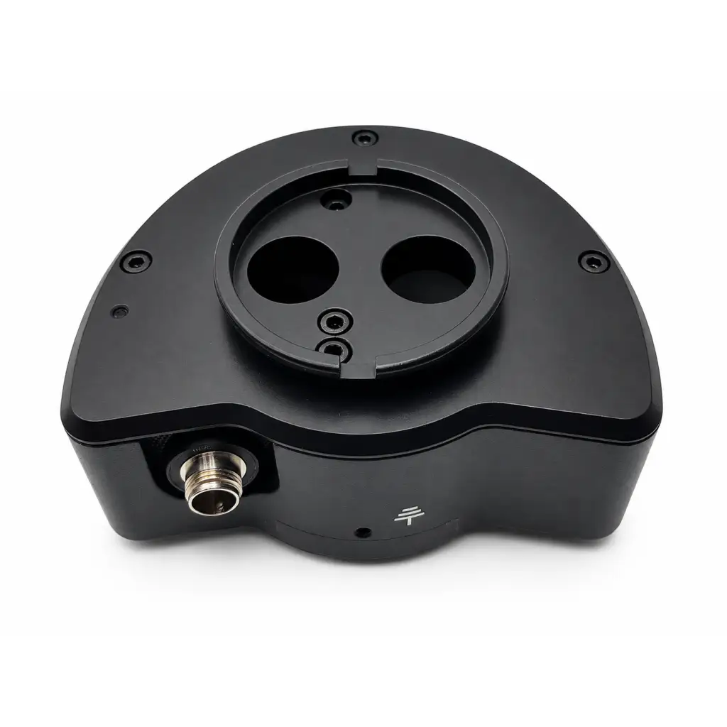 Black matte plastic eppendorf leica micromanipulator microscope adapter with circular cutouts and threaded connector