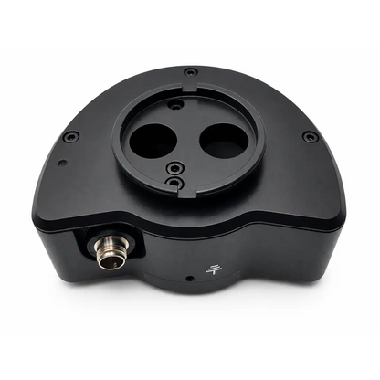 Black matte plastic eppendorf leica micromanipulator microscope adapter with circular cutouts and threaded connector