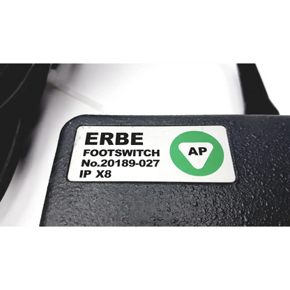 Black erbe 20189-027 footswitch with white label showing model number and ipx8 water resistance rating