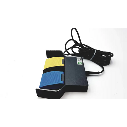 Erbe 20189-027 footswitch black pedal with yellow and blue textured straps and coiled black power cord attached