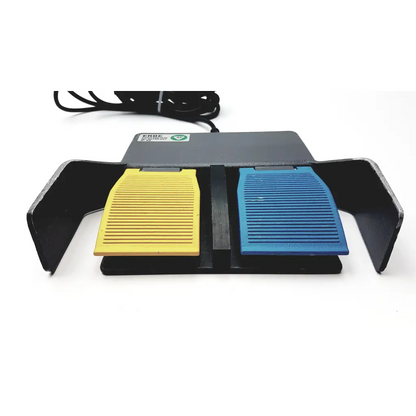 Black ERBE 20189-027 dual-activated footswitch with yellow and blue textured pads for precise medical control
