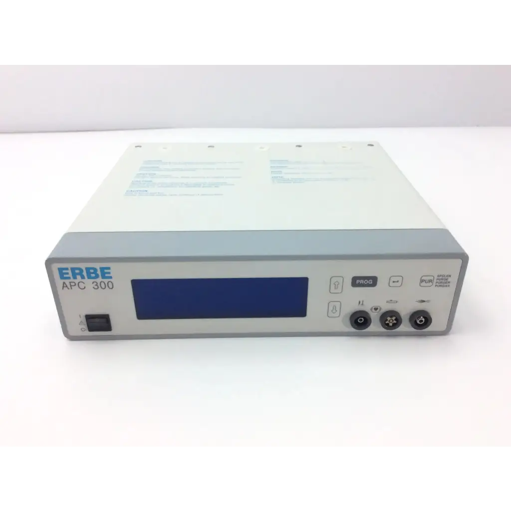 Erbe apc 300 electrosurgical console with gray and white casing blue digital display and multiple control buttons