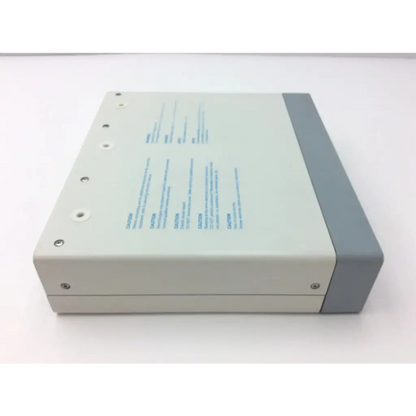 Light gray and dark gray plastic erbe apc 300 electrosurgical console with blue printed text on top surface