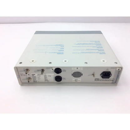 Rear panel of gray and white erbe apc 300 electrosurgical console with multiple ports power input and ventilation slots