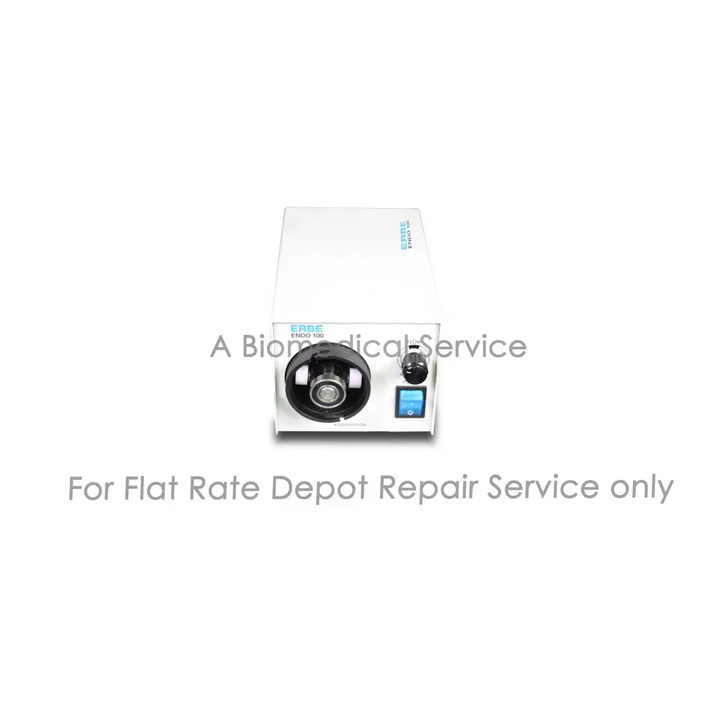 White medical equipment ERBE Endo 100 irrigation pump with black lens and blue power button for flat-rate repair service
