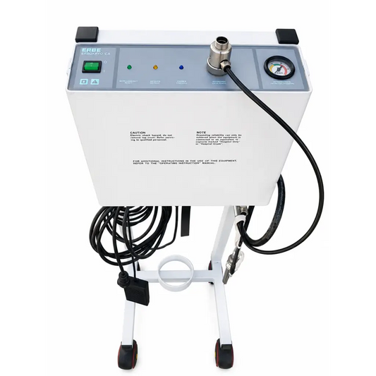 White erbe prisma 20-ca surgical ultrasonic cryosurgery unit on wheeled cart with erbe erbokryo cryo pencil and control panel