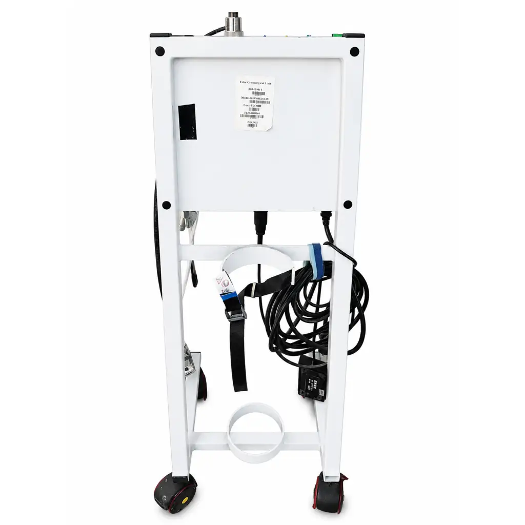 White medical cart with black wheels and coiled cables for erbe erbokryo cryosurgery unit with cryo pencil