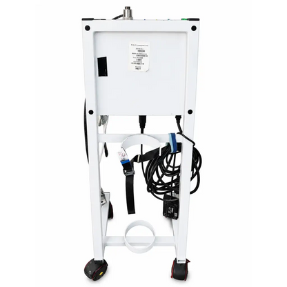 White medical cart with black wheels and coiled cables for erbe erbokryo cryosurgery unit with cryo pencil