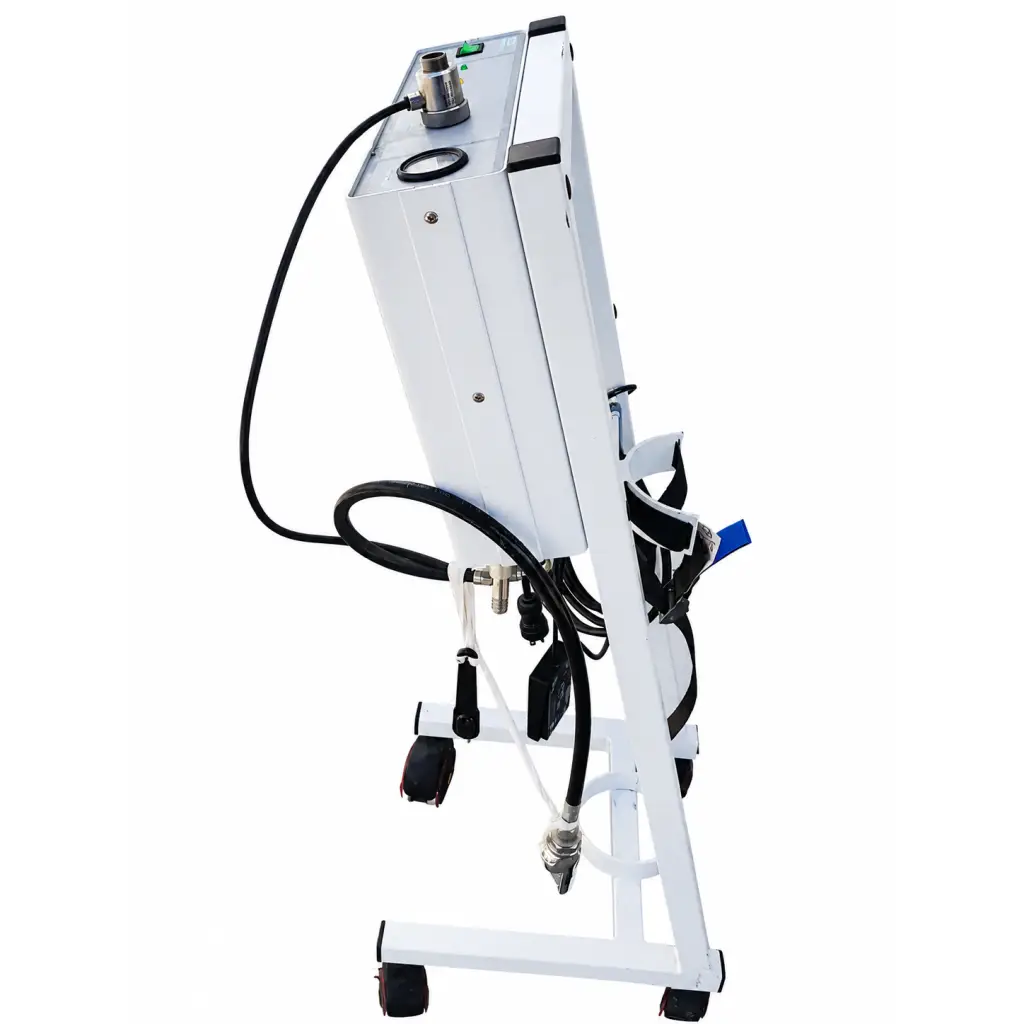 White industrial-grade erbe erbokryo cryosurgery unit with cryo pencil black hoses and metallic connectors on wheeled stand