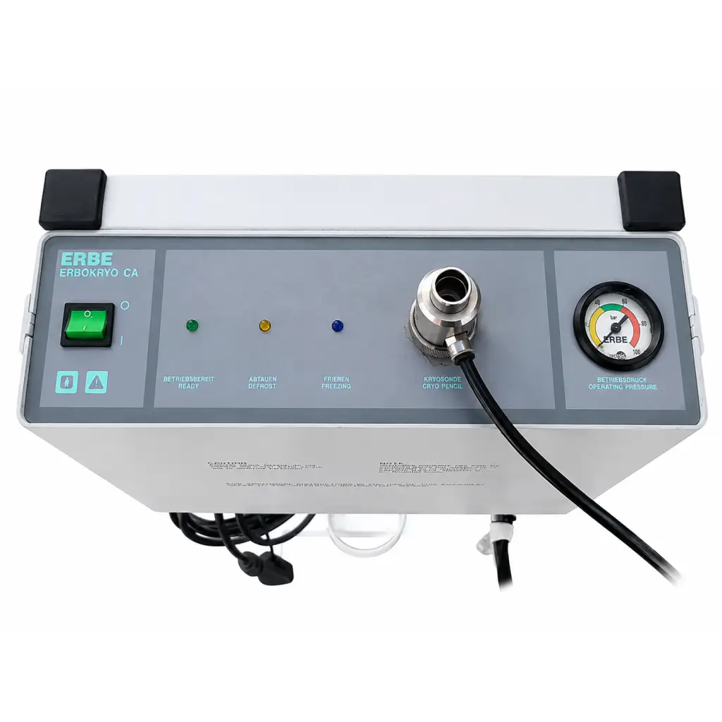 Erbe erbokryo ca cryosurgery unit with gray control panel green power button indicator lights pressure gauge and cryo pencil