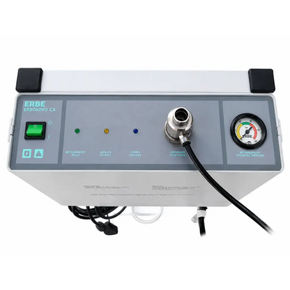 Erbe erbokryo ca cryosurgery unit with gray control panel green power button indicator lights pressure gauge and cryo pencil