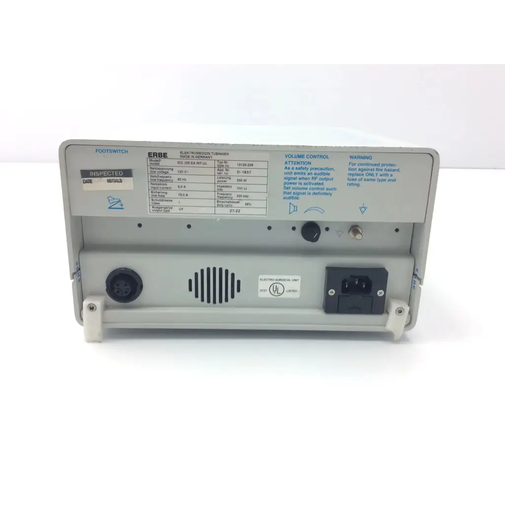 Gray plastic erbe icc 200 electrosurgical unit back with black power port and volume control knob for precision use
