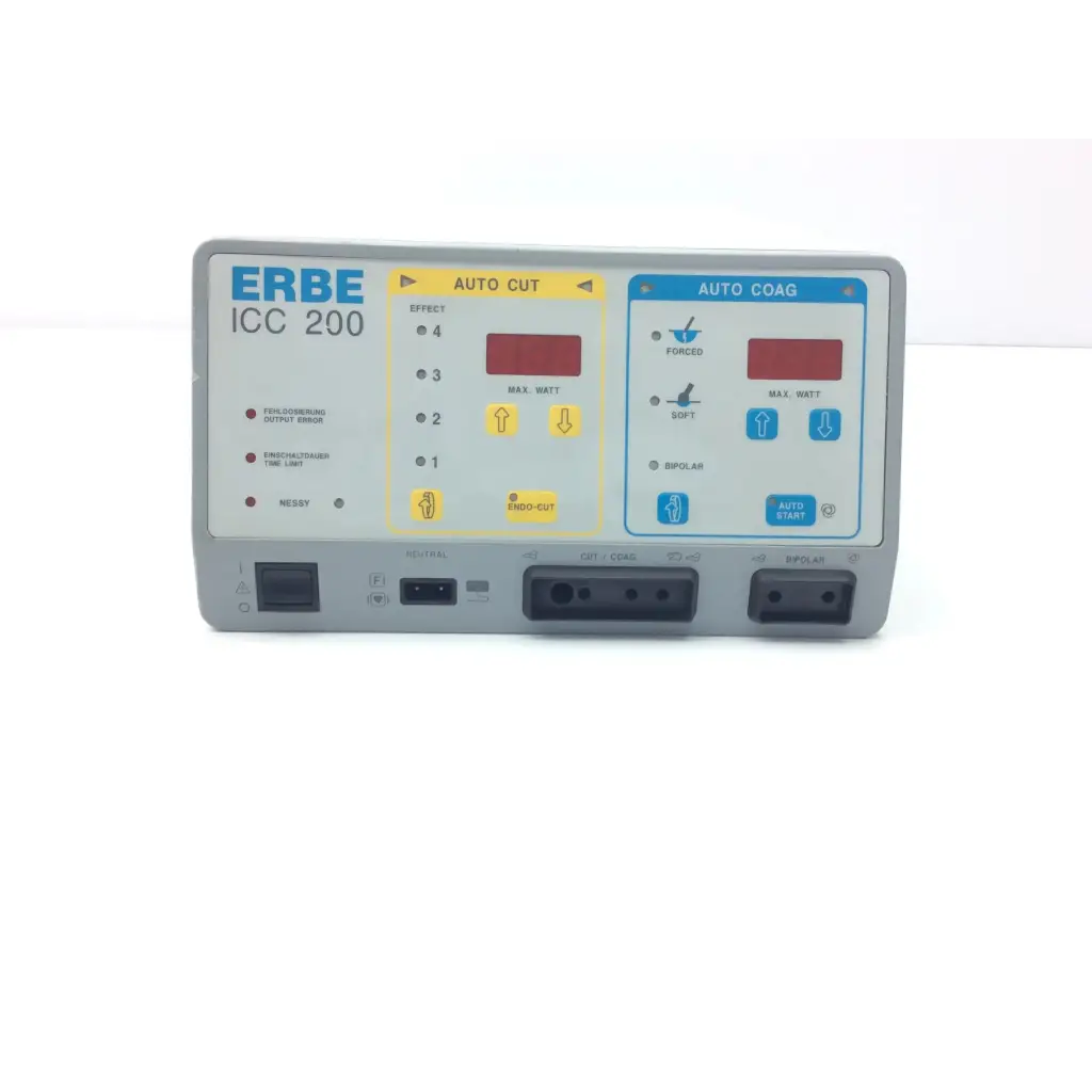 Gray erbe icc 200 electrosurgical unit with yellow and blue control panel and red digital displays af5-24