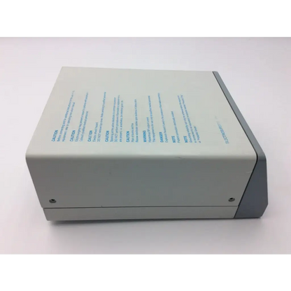 Gray rectangular matte electrosurgical unit erbe icc 200 with printed safety warnings on the side for surgical use