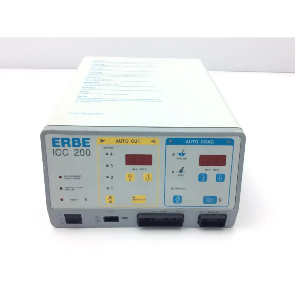 Erbe icc 200 electrosurgical unit with gray and white casing and control panels for auto cut and auto coag functions