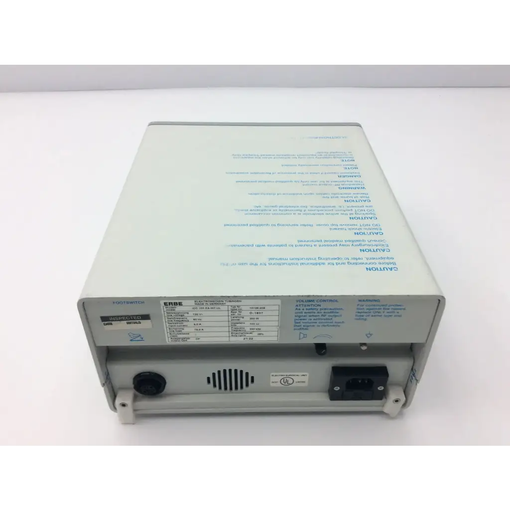 White rectangular erbe icc 200 electrosurgical unit with blue printed labels and specifications on its surface