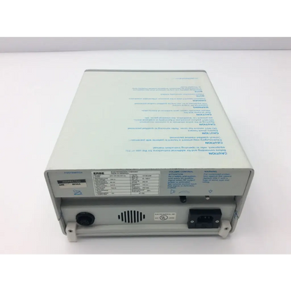 White rectangular erbe icc 200 electrosurgical unit with blue printed labels and specifications on its surface