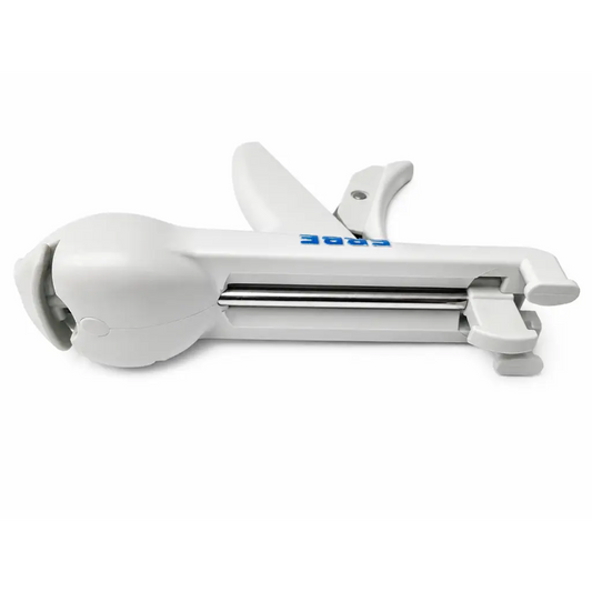 White plastic pistol grip handle with blue branding for erbe reusable laparoscopic forceps