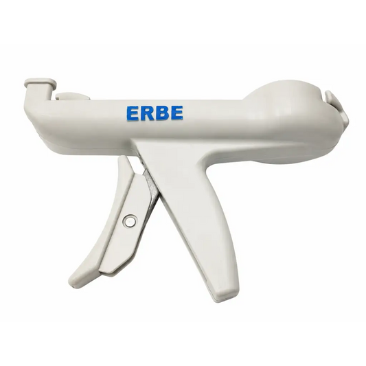 White erbe surgical glue gun with ergonomic pistol grip handle and blue logo for precision use