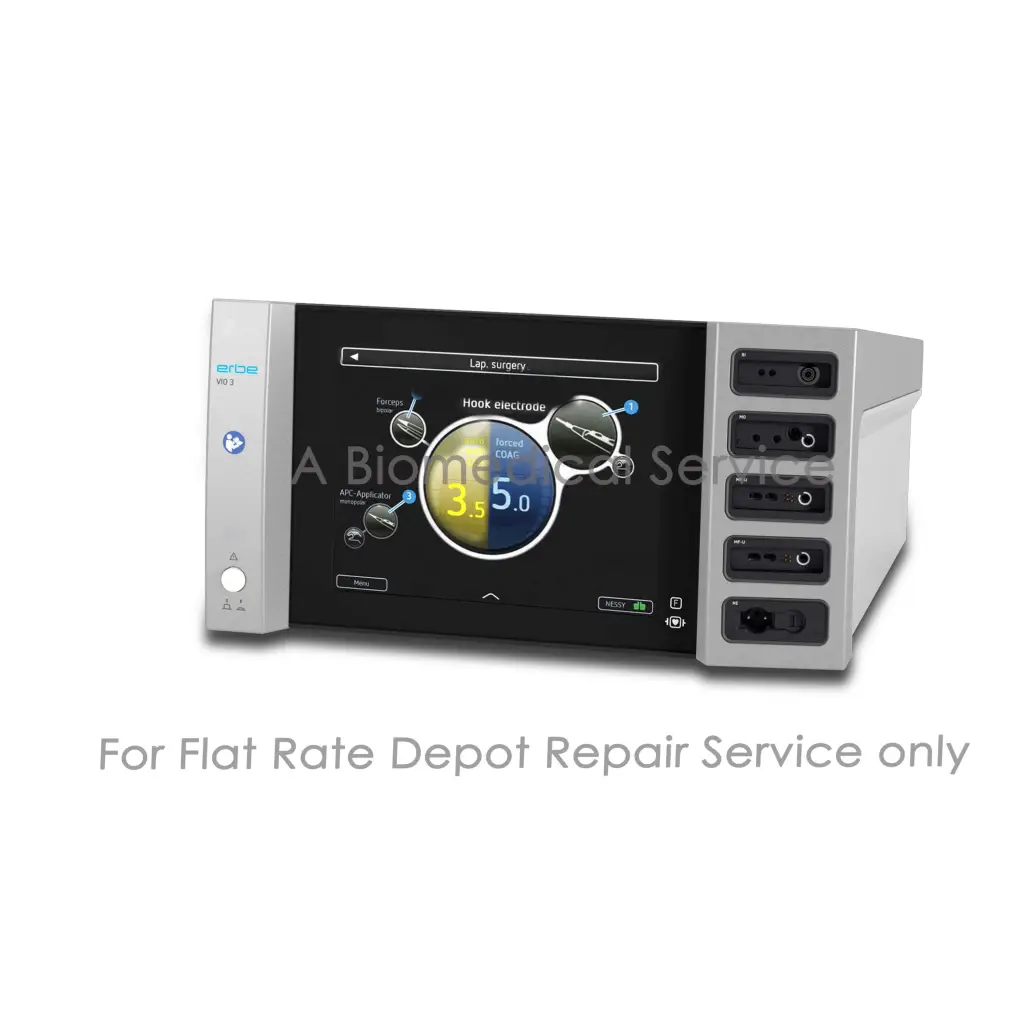 Silver erbe v8.3 surgical electrosurgery unit with black touchscreen medical interface for erbe vio 3 repair service flat-rate repair