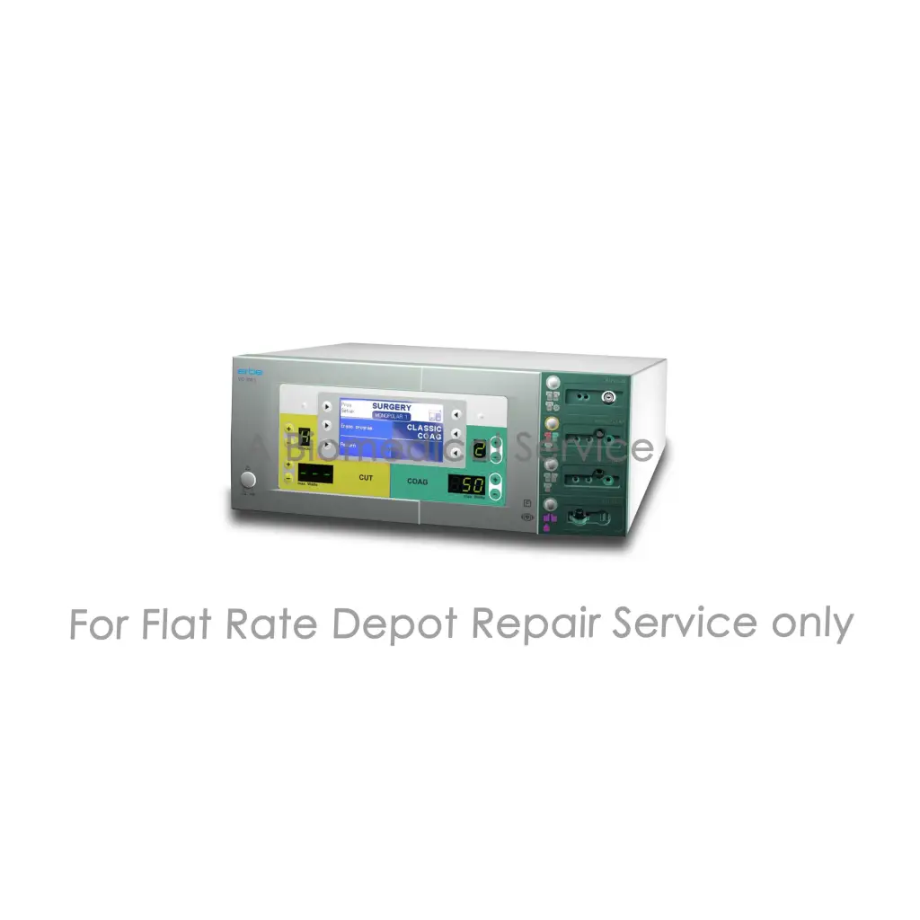Silver and green erbe vio 300s electrosurgery unit with digital display and controls for medical equipment repair service