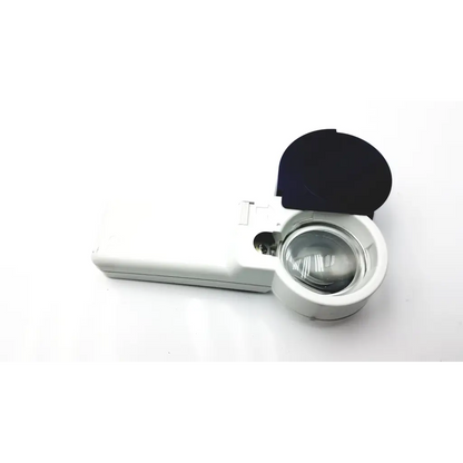 White handheld magnifying glass with black protective cover and clear lens eschenbach 12.5x 50 d 40 bbhd3-7