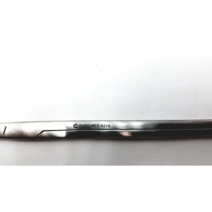 Silver stainless steel dissecting scissors with straight blade and engraved euro-med 62116 branding