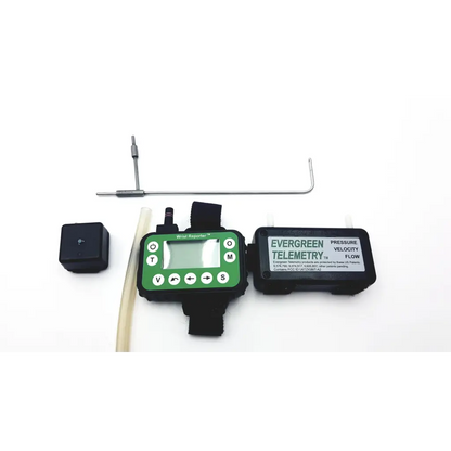 Green and black wrist-mounted evergreen telemetry pressure device with digital display for pressure velocity flow measurement