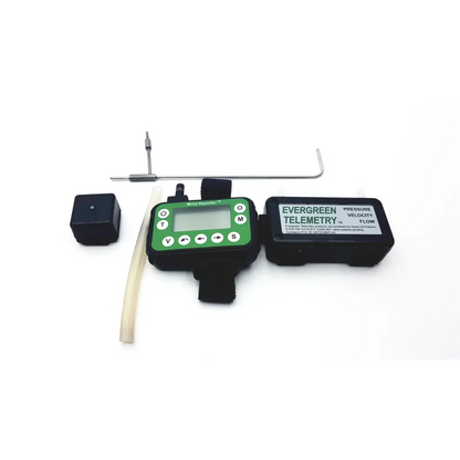 Black and green evergreen telemetry pressure velocity flow meter with digital display and control buttons for accurate readings