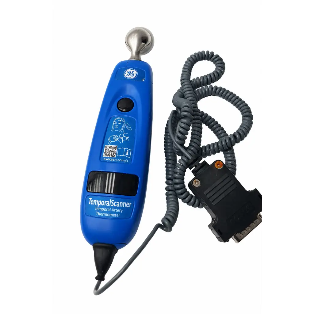 Exergen tat-5000s-ttl temporalscanner thermometer biomed certified with blue body silver spherical tip and coiled gray cable
