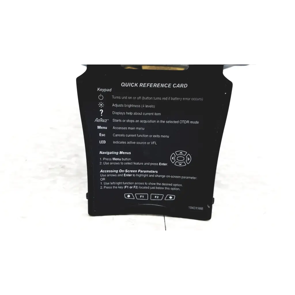 Black quick reference card for fluke fiber optic optical time domain reflectometer in exfo axs-100 otdr unit